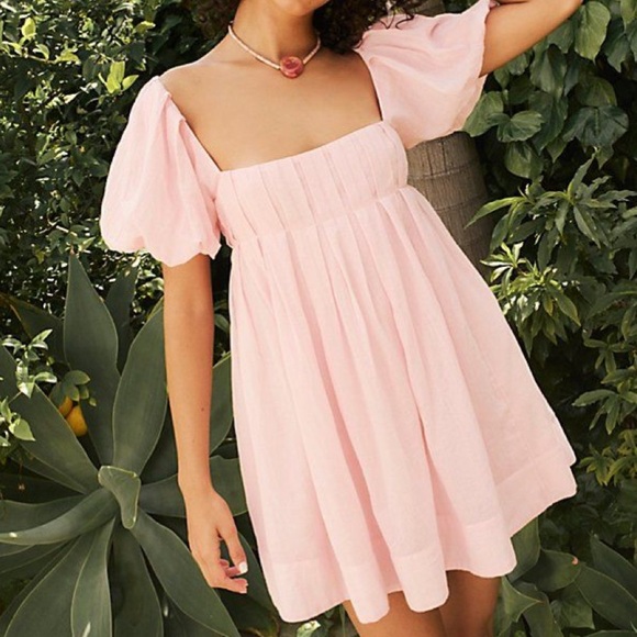 Free People Dresses & Skirts - Free People Pink Blush Short Puff Sleeve Flowy Costal Babydoll Marina Mini Dress
